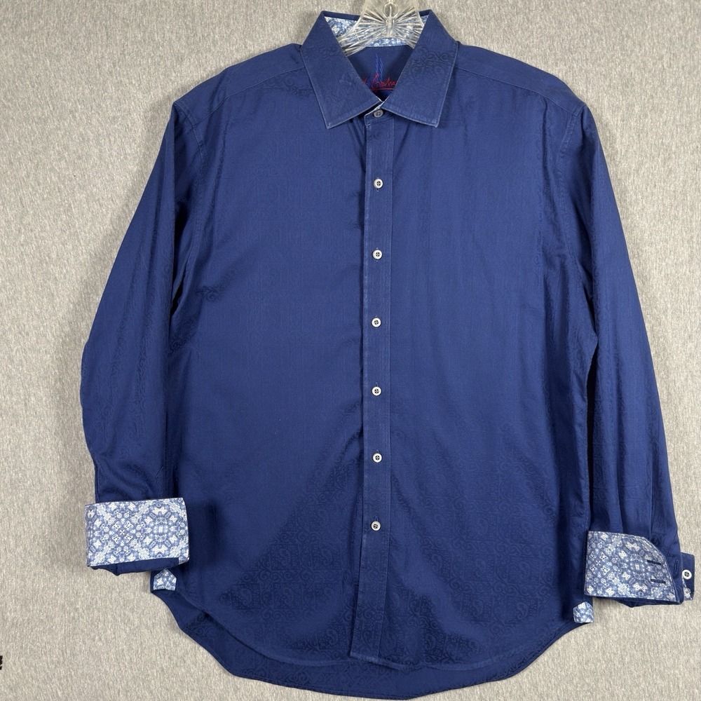 Robert Graham Shirt Mens Large Blue‎ Long Sleeve Geometric Flip Cuff Embroidered